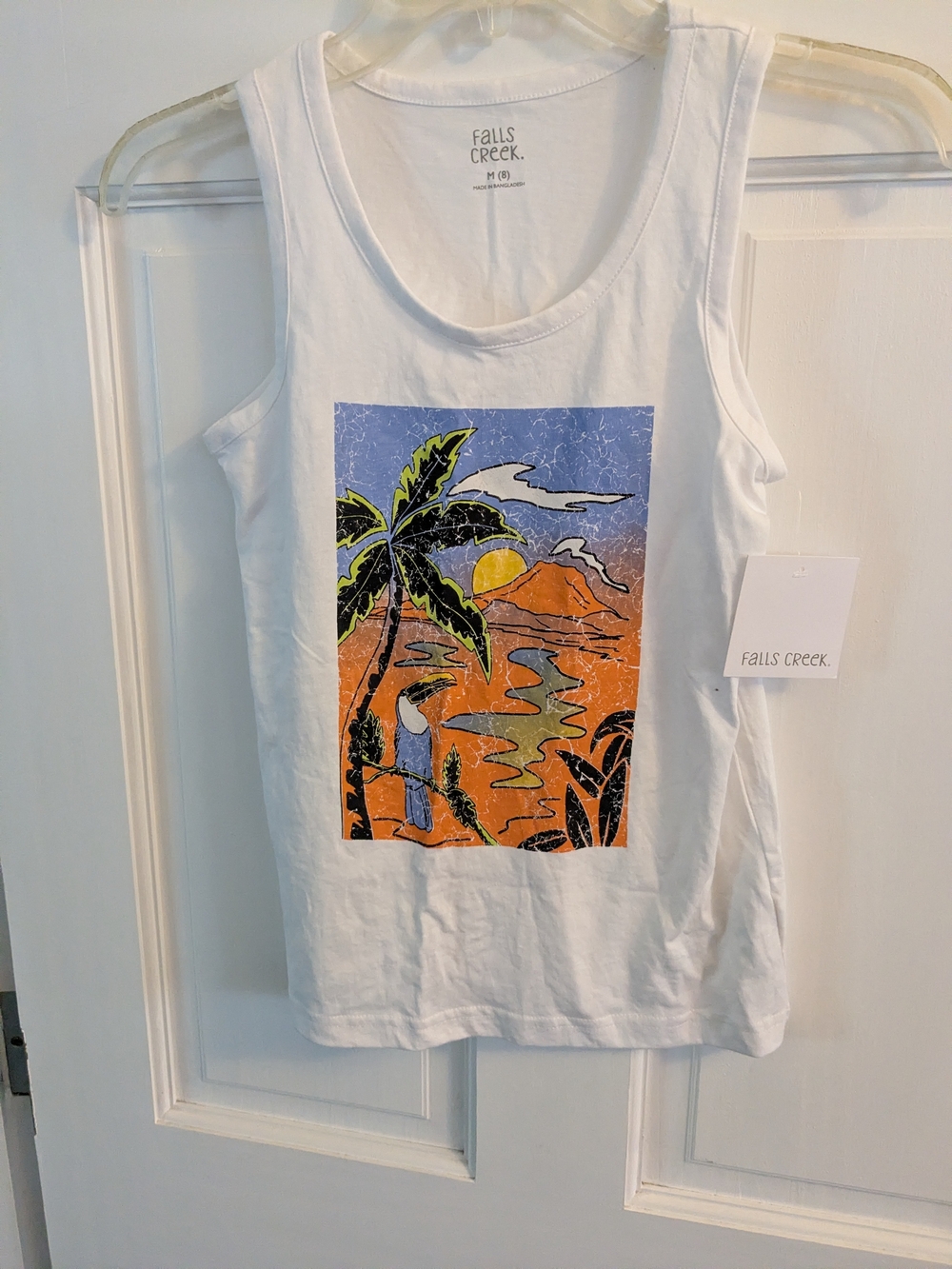 Falls Creek White Graphic Tank Top for Kids - Tropical Sunset
